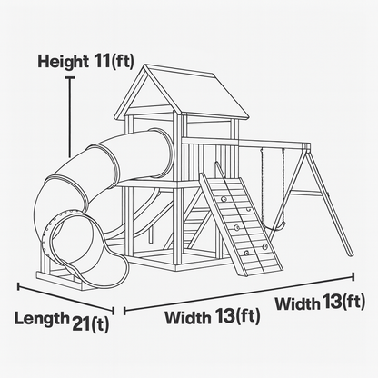 Premium Wooden Swingset with Tube Slide, Rock Wall & Dual Swings – 21ft x 13ft x 11ft Heavy-Duty Backyard Playset