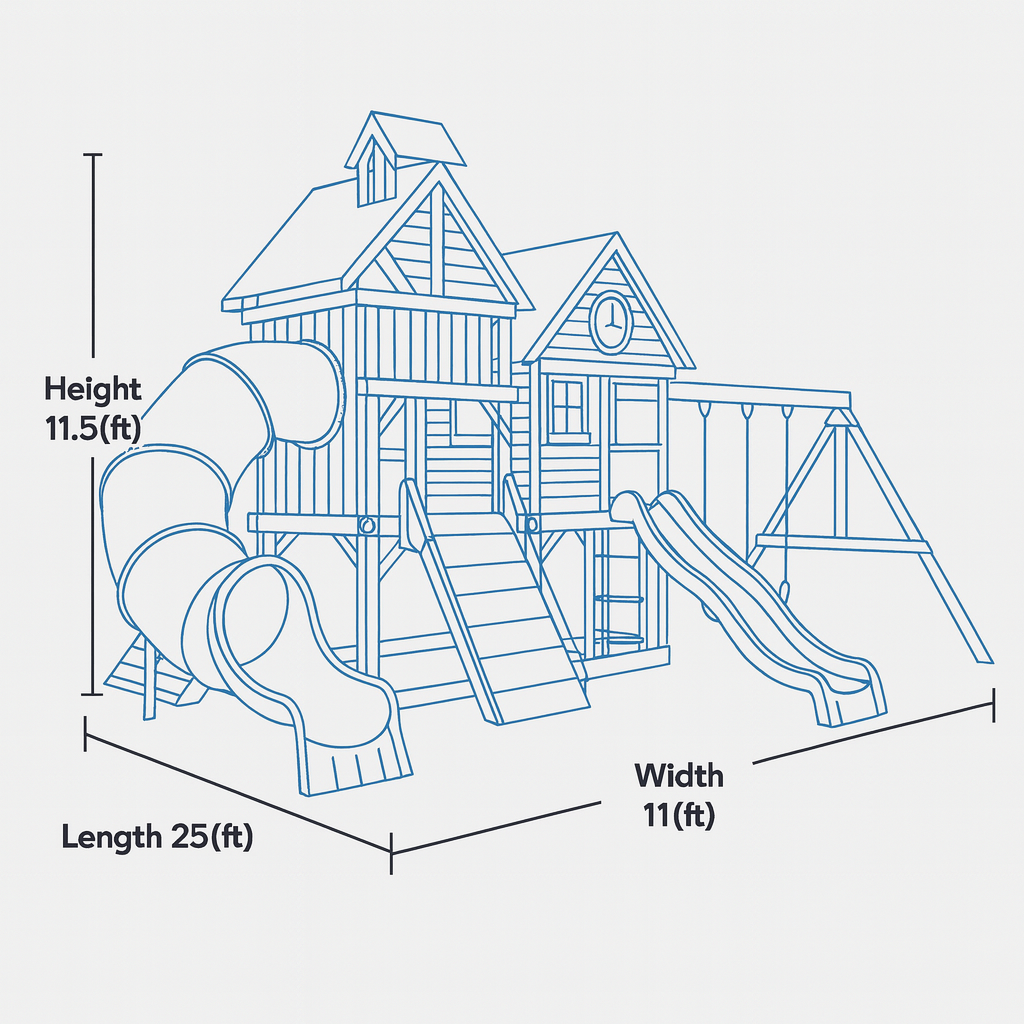 Deluxe Wooden Swingset with Dual Slides, Climbing Walls & Tube Slide – 25ft Backyard Playset