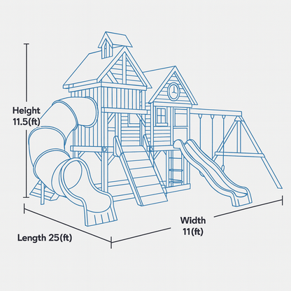 Deluxe Wooden Swingset with Dual Slides, Climbing Walls & Tube Slide – 25ft Backyard Playset