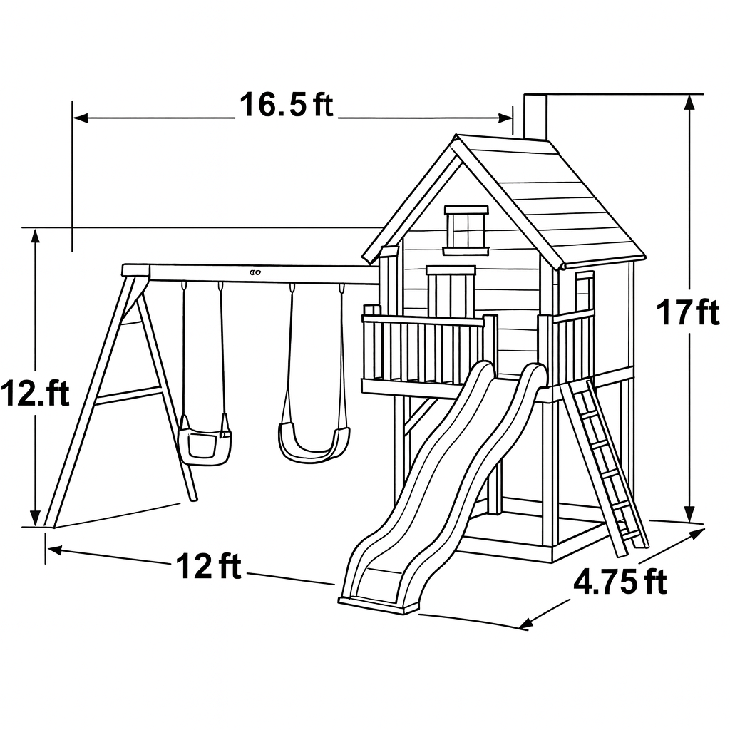 Outdoor Wooden Swing & Slide Set – Kids Playhouse with Swings & Rock Wall