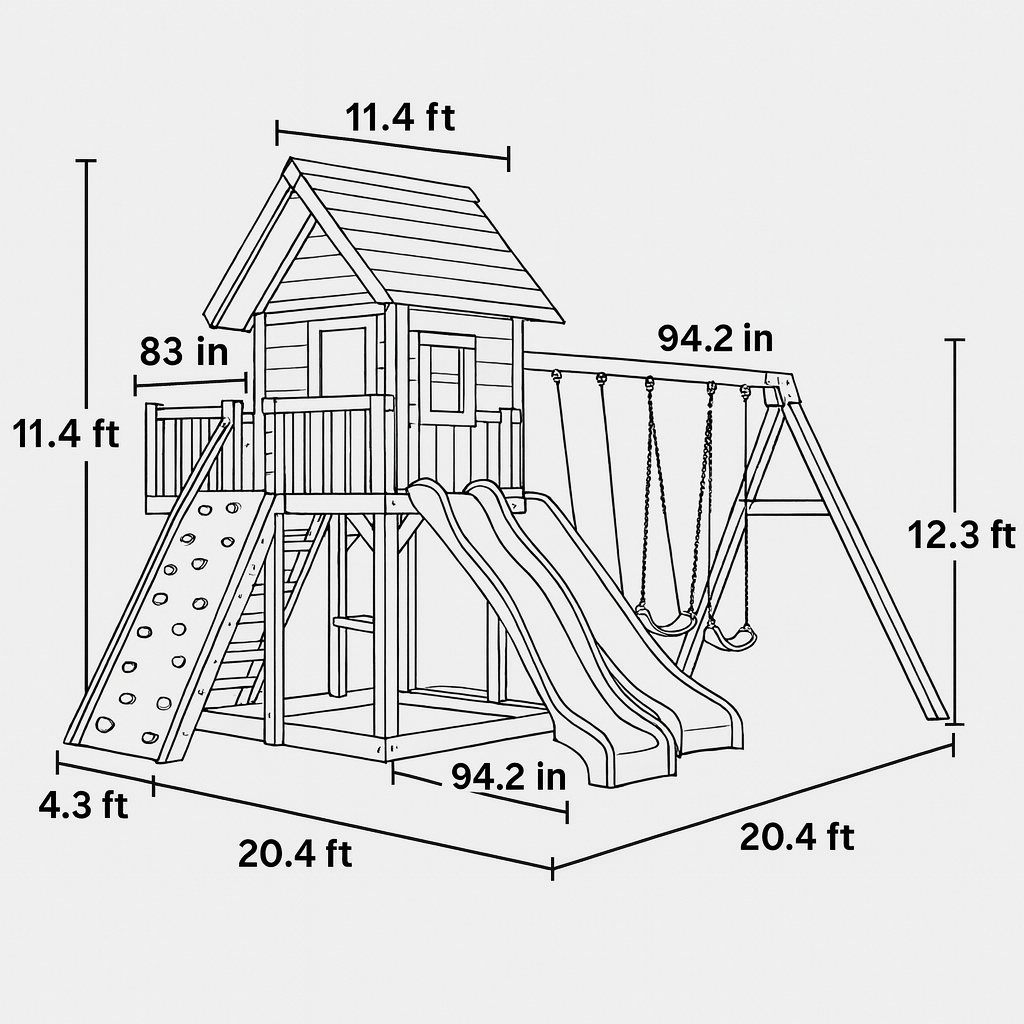 Backyard Wooden Swing Set with Playhouse, Double Slide & Climbing Wall for Kids