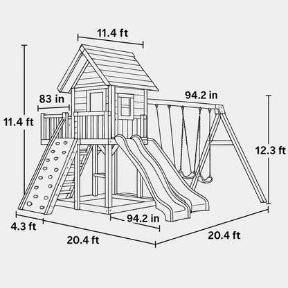 Backyard Wooden Swing Set with Playhouse, Double Slide & Climbing Wall for Kids