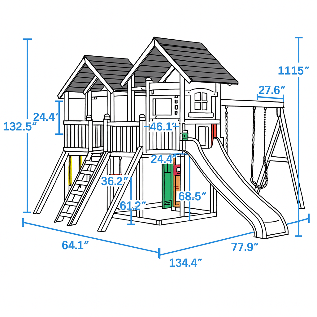 Durable Wooden Playground for Kids – Playhouse, Swings & Long Slides Included
