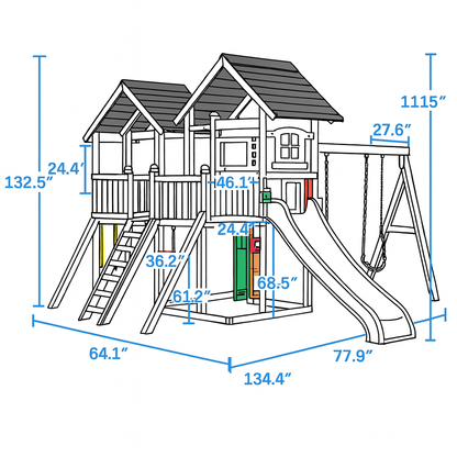 Durable Wooden Playground for Kids – Playhouse, Swings & Long Slides Included