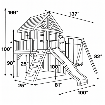Wooden Swing Set with Slide, Rock Wall & Playhouse – Outdoor Kids Playground (199 in Tall, 137 in Wide)