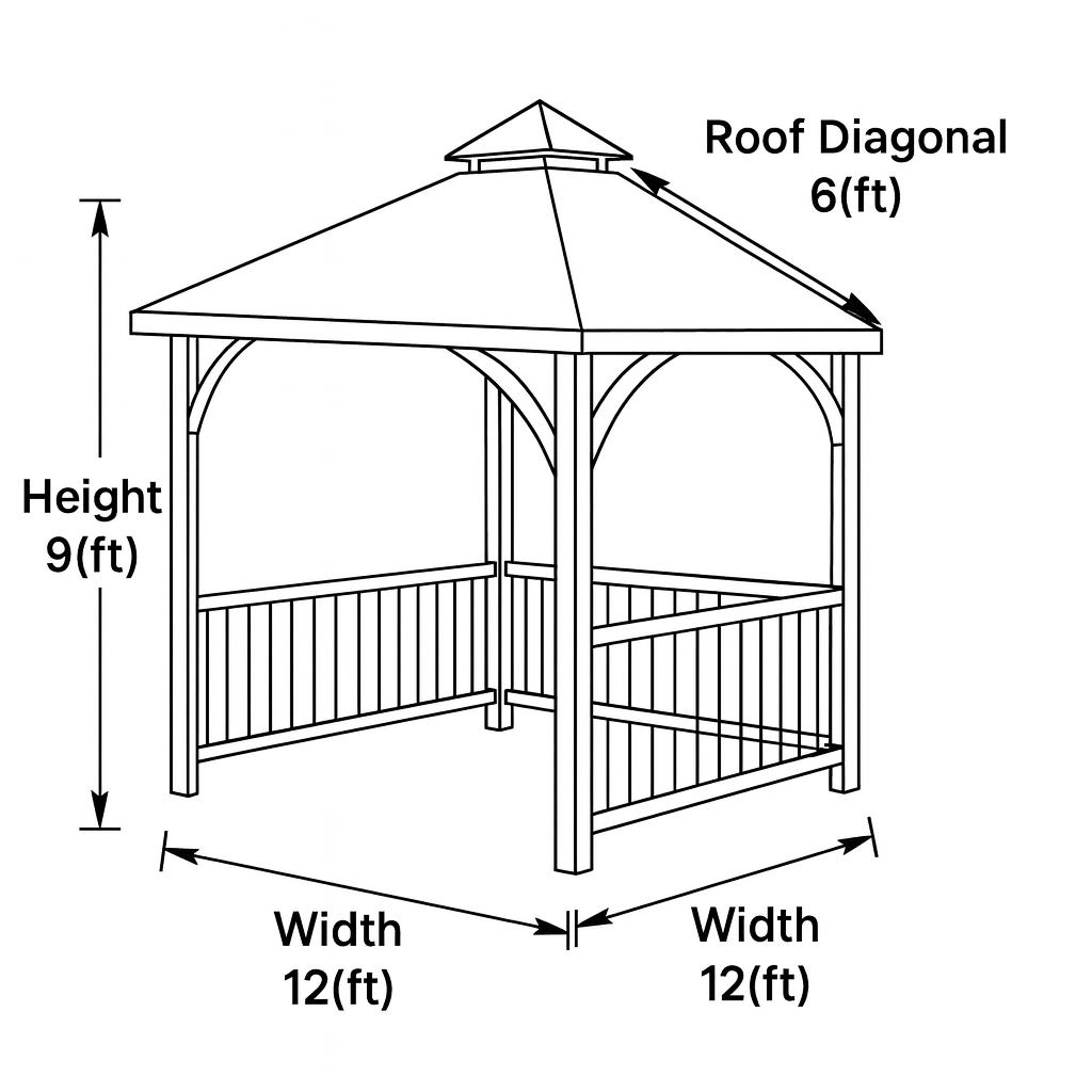 12x12 Wooden Gazebo with Railings & Steel Roof | Outdoor Pavilion for Patio, Garden & Backyard