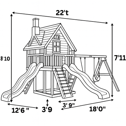 Large Wooden Swing Set with Dual Slides & Playhouse – Backyard Outdoor Playground (22 ft)
