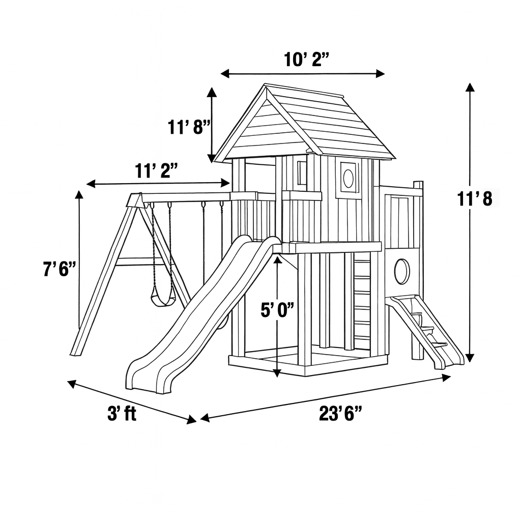 Large Wooden Swing Set with Playhouse, Slide & Swings – Outdoor Backyard Playground (23.6 ft)