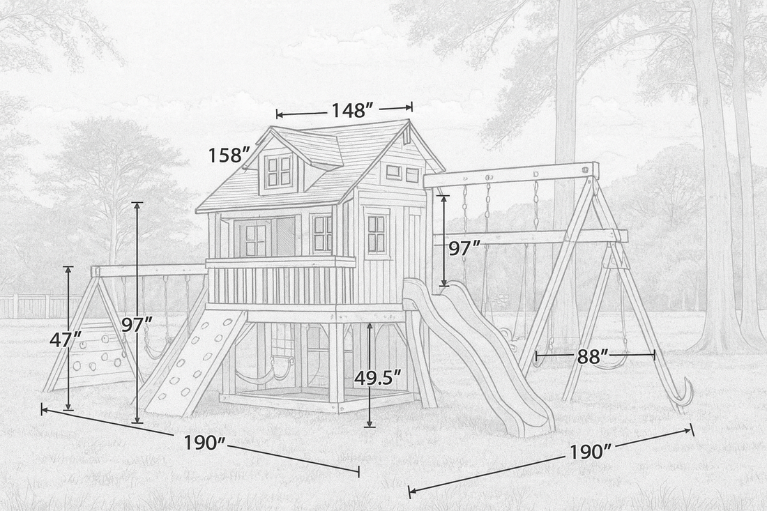 Large Wooden Swing Set for Backyard – Playhouse, Swings & Double Slides Included