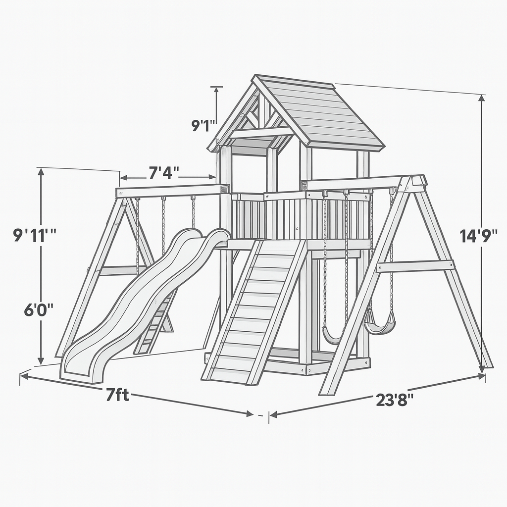 Wooden Swing Set with Clubhouse, 3 Swings & Long Slides – Outdoor Play Area