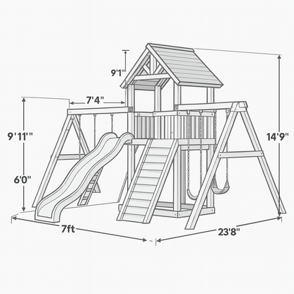 Wooden Swing Set with Clubhouse, 3 Swings & Long Slides – Outdoor Play Area
