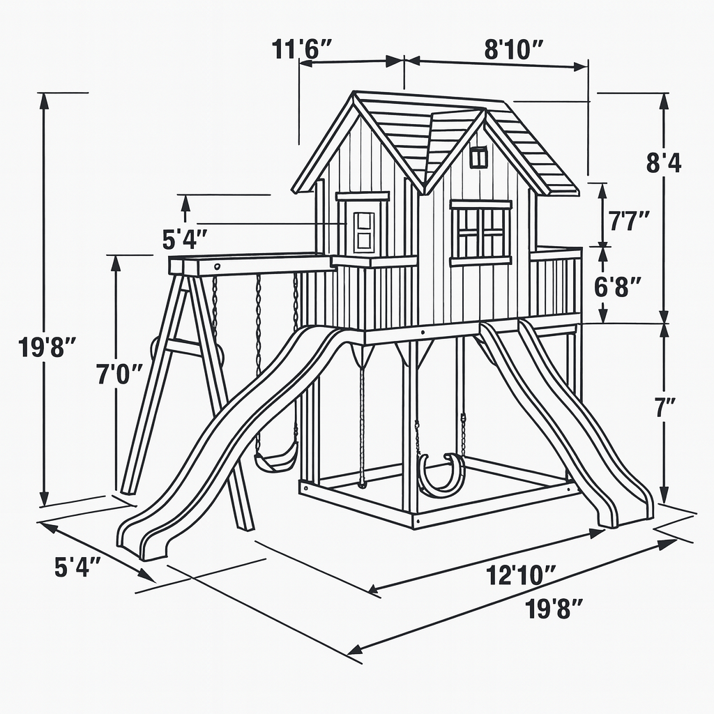 Outdoor Playhouse with Double Slides, Swings & Climbing Wall – Wooden Playground Set