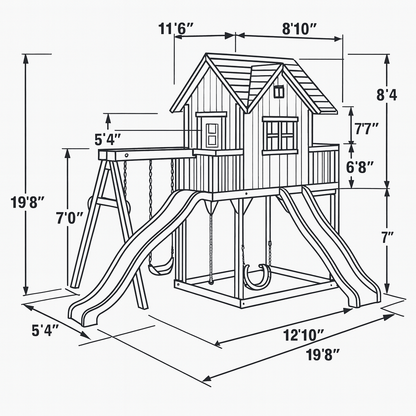 Outdoor Playhouse with Double Slides, Swings & Climbing Wall – Wooden Playground Set
