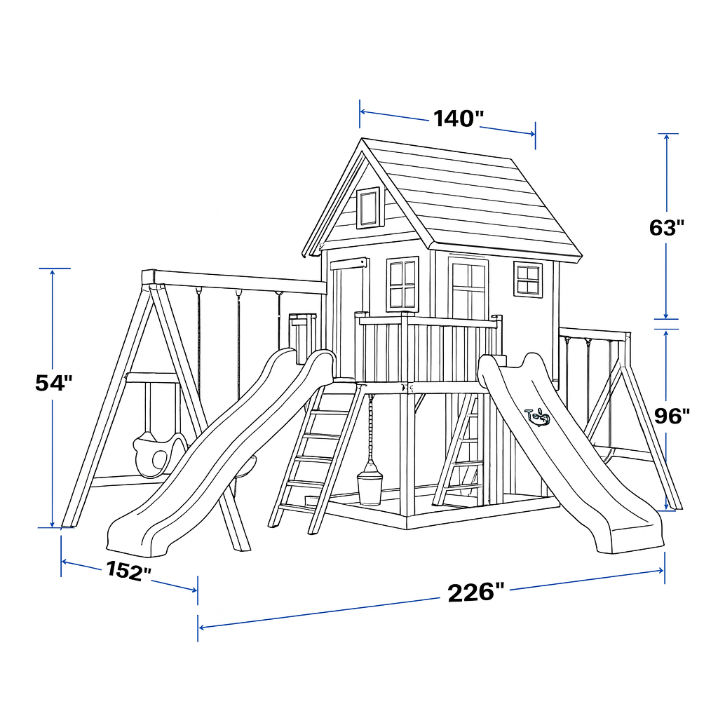 Large Outdoor Swing Set with Playhouse, Double Slides & 3 Swings