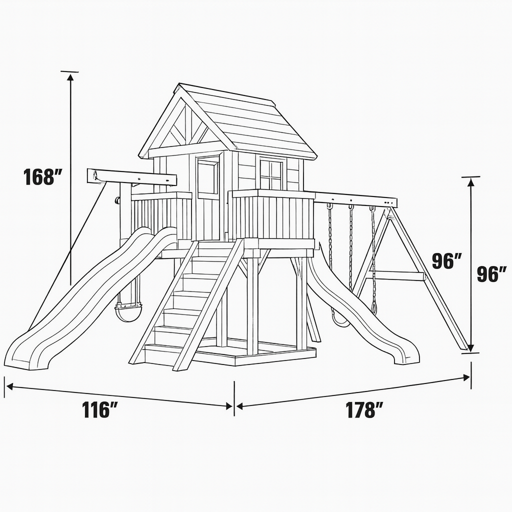 Backyard Wooden Swing Set with Climbing Wall, Playhouse & Slides