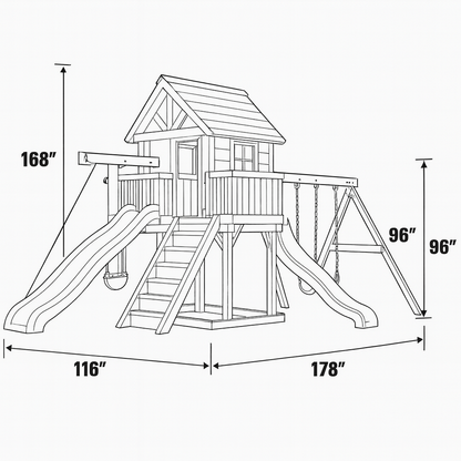 Backyard Wooden Swing Set with Climbing Wall, Playhouse & Slides