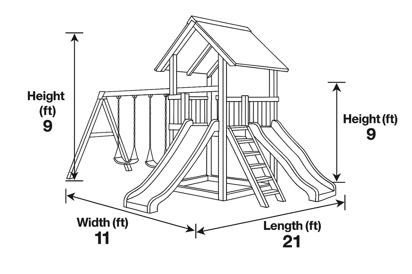 Deluxe Wooden Swingset with Double Wave Slides & Clubhouse Tower