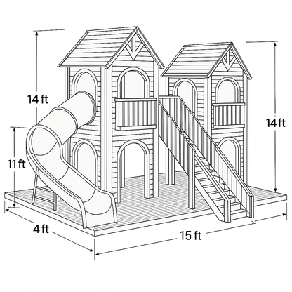 Luxury Wooden Castle Playground with Twin Towers, Spiral Tube Slide & Staircase | Safe Outdoor Playhouse for Kids