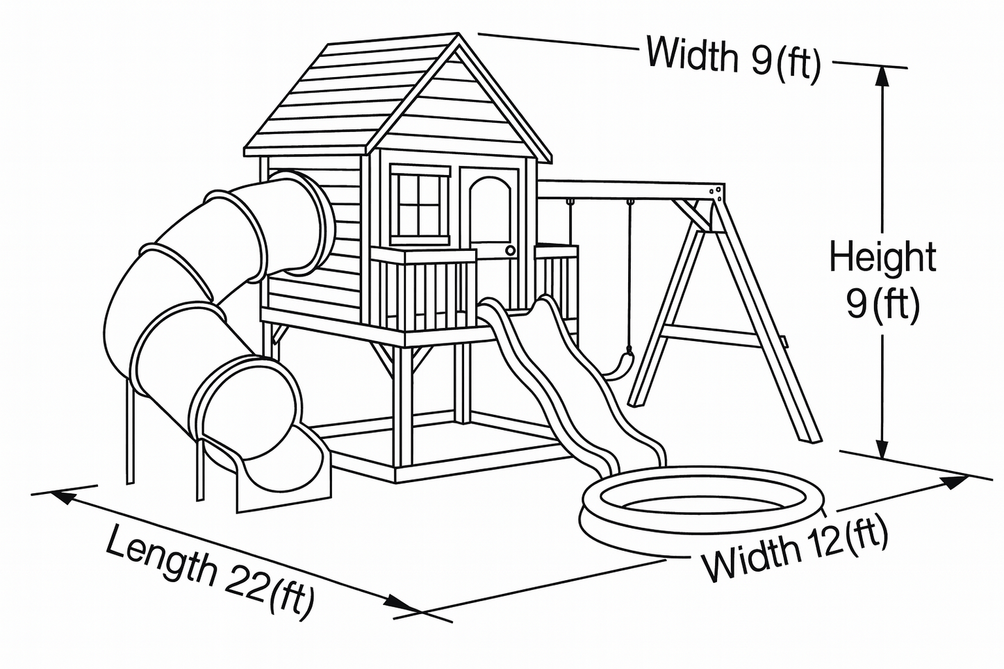 Wooden Playhouse with Tube Slide, Swing & Sandbox | 22x12x9 ft Backyard Kids Playground