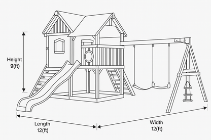 Wooden Playhouse with Slide & Swings | 12x12x9 ft Outdoor Backyard Playground for Kids