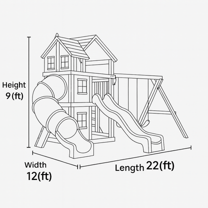 Wooden Playhouse with Double Slide & Swings | 22x12x9 ft Kids Outdoor Playground for Backyard Fun
