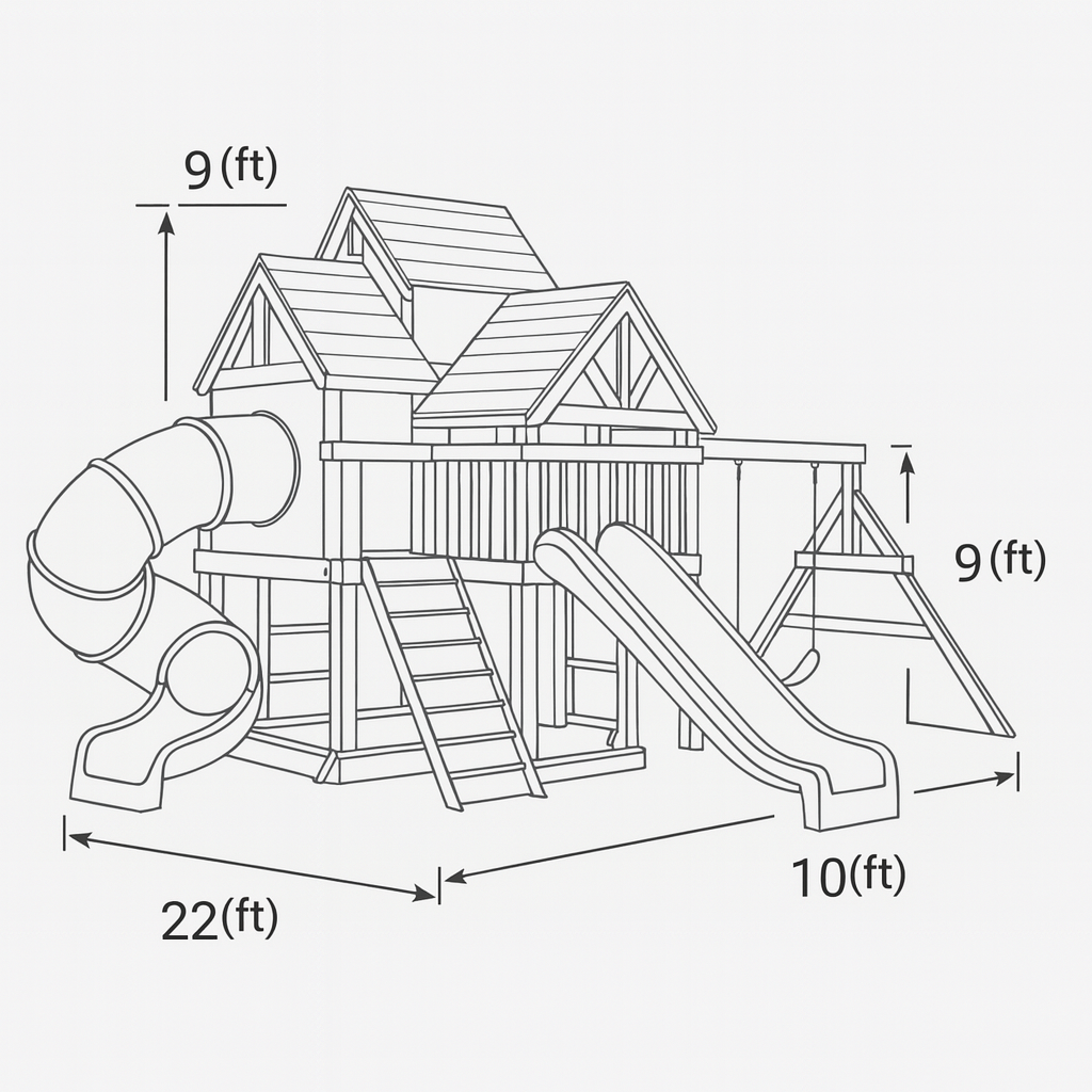 Wooden Outdoor Playhouse with Tube Slide, Straight Slide & Double Swings – Backyard Adventure Playset | 22x10x9 ft