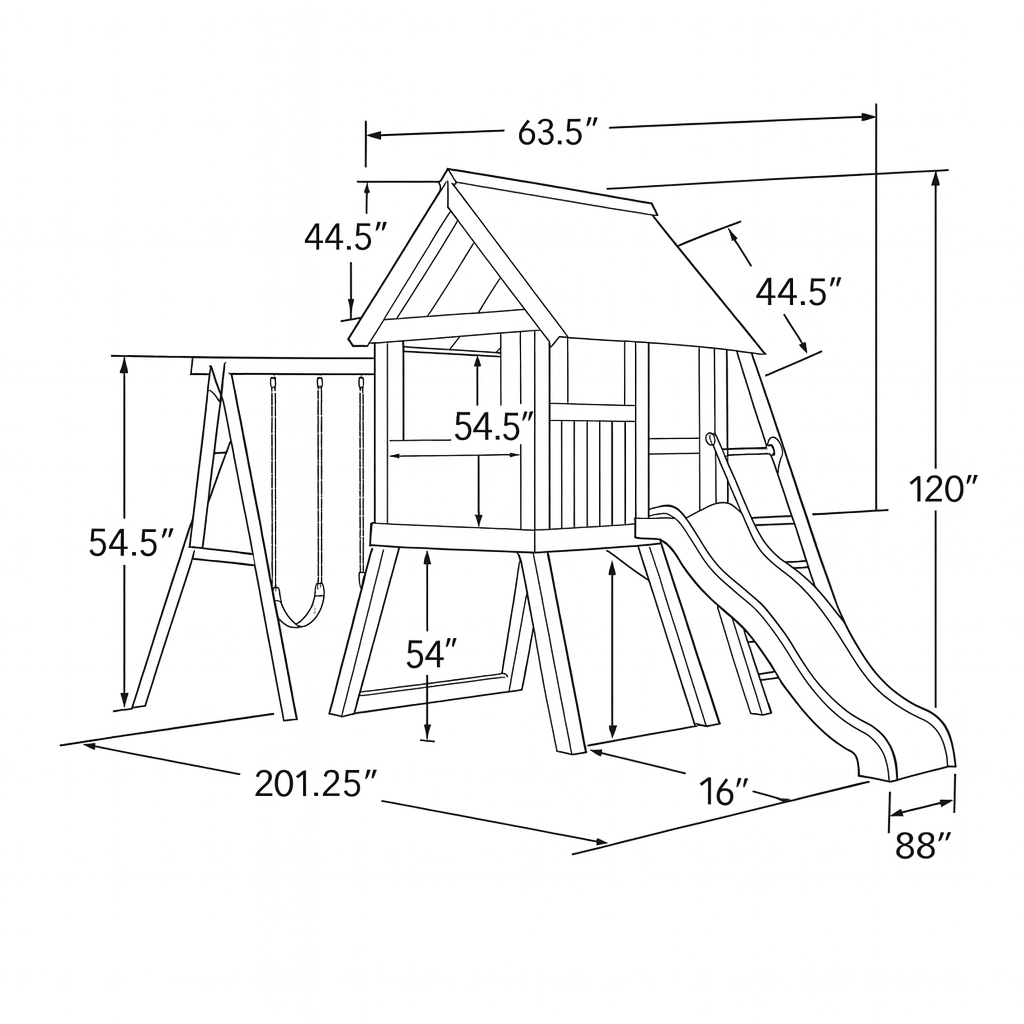 Backyard Wooden Playhouse Swing Set – Double Swings, Slide & Play Area for Kids
