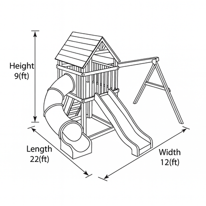 Wooden Playhouse with Tube Slide, Straight Slide & Swings | 22x12x9 ft Outdoor Playground