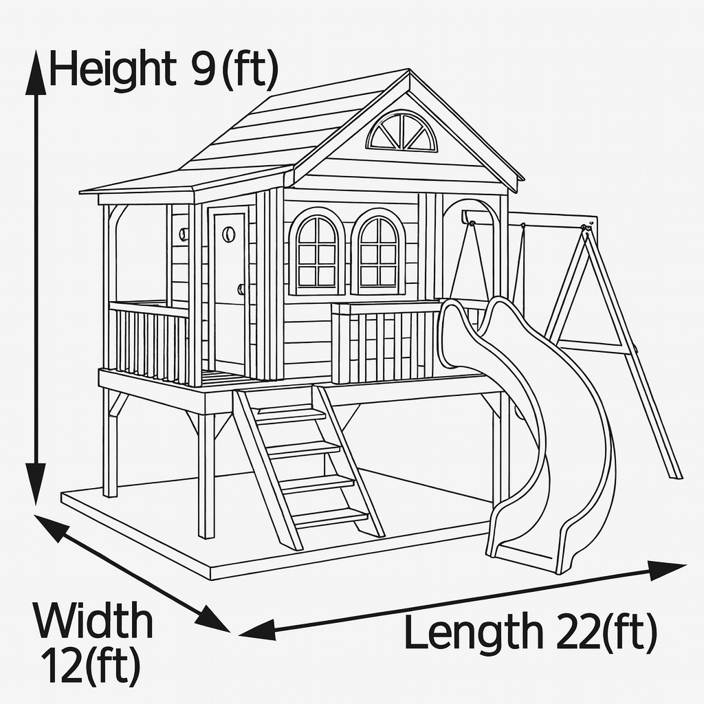 Wooden Playhouse with Slide & Swings | 22x12x9 ft Backyard Playground for Kids Outdoor Fun