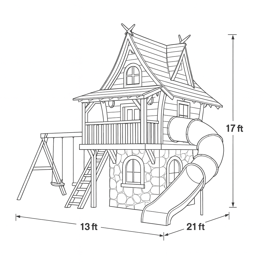 Whimsical Wooden Playhouse with Spiral Slide & Swings | Two-Story Outdoor Playground for Kids Adventure