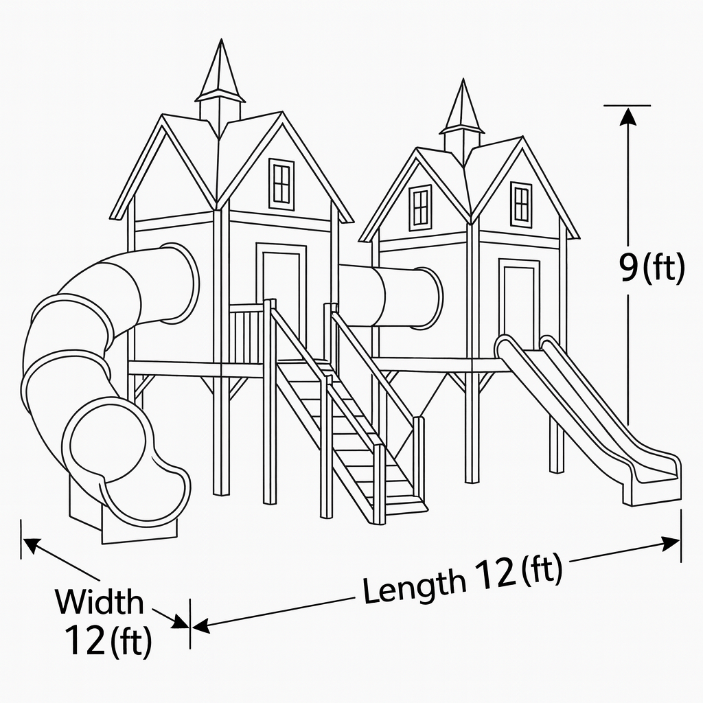Wooden Kids Playhouse with Tube & Straight Slide | 12x12x9 ft Outdoor Playground