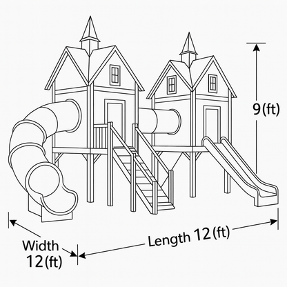 Wooden Kids Playhouse with Tube & Straight Slide | 12x12x9 ft Outdoor Playground
