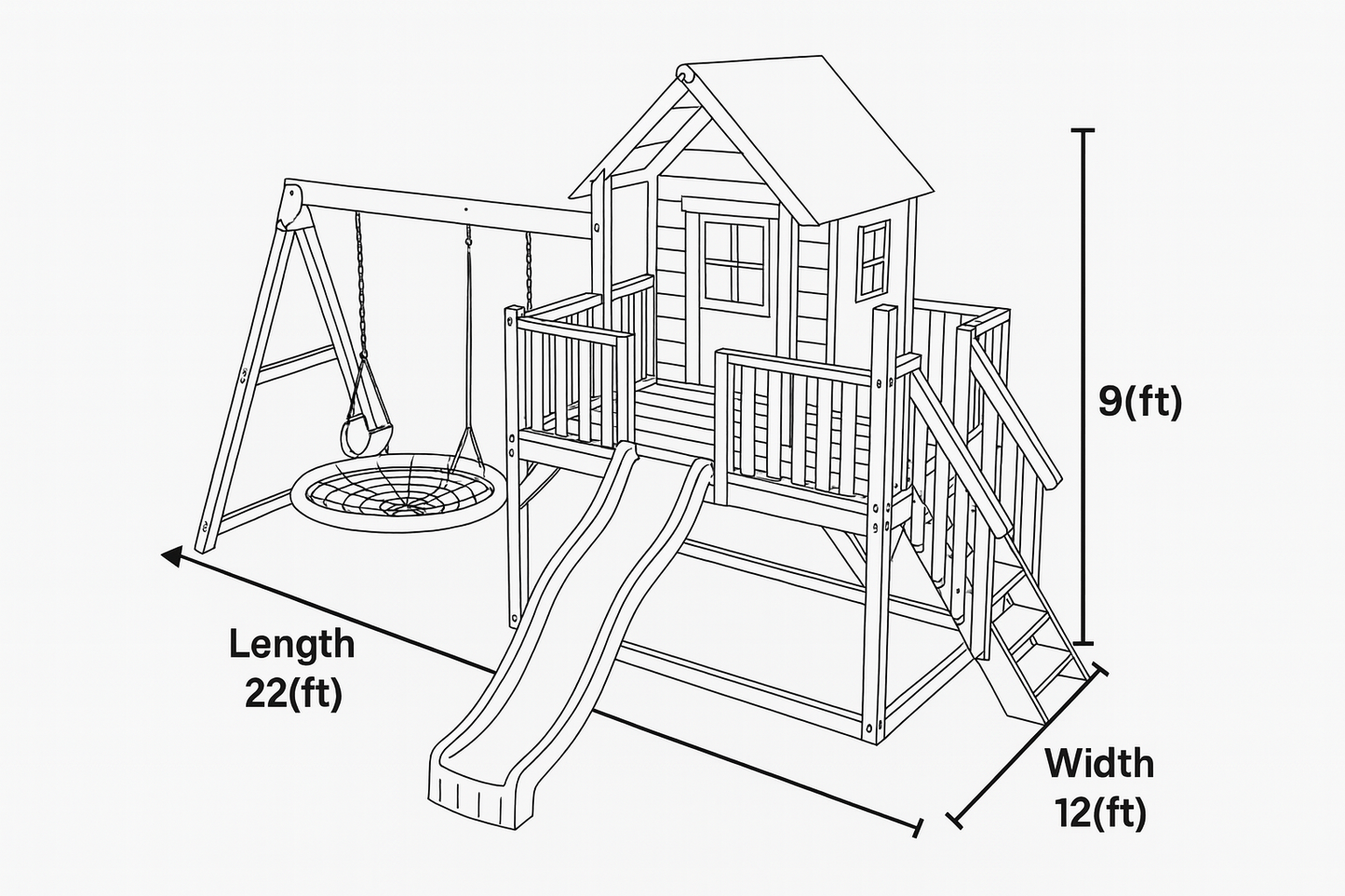 Wooden Playhouse with Slide & Nest Swing | 22x12x9 ft Backyard Playground for Kids