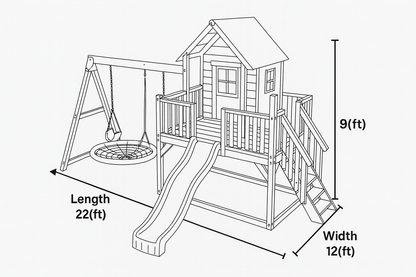 Wooden Playhouse with Slide & Nest Swing | 22x12x9 ft Backyard Playground for Kids