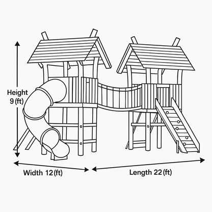 Large Wooden Kids Playhouse with Bridge & Slide | 22x12x9 ft Outdoor Playground