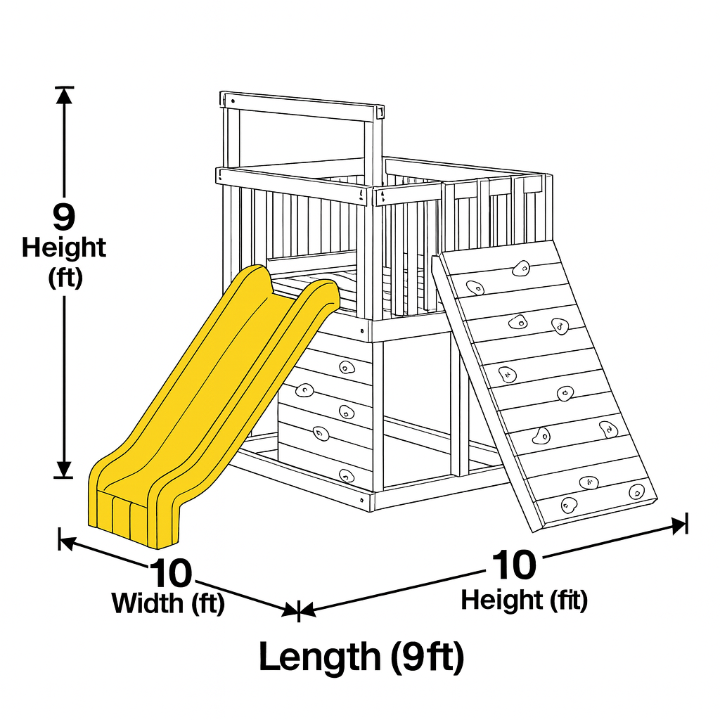 Compact Wooden Playset with Yellow Slide & Rock Climbing Wall – Backyard Fun for Kids | 10x10x9 ft