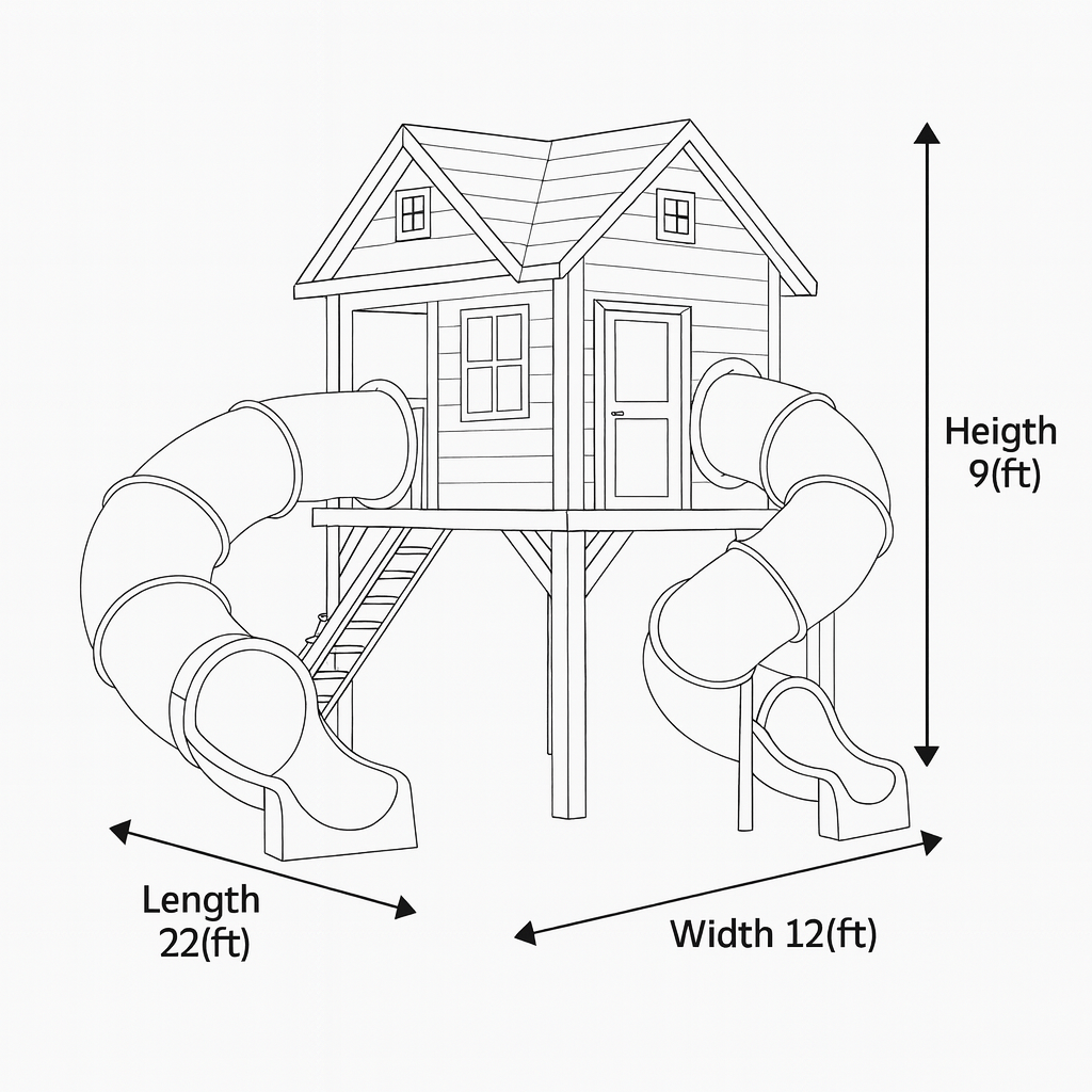 Wooden Playhouse with Dual Tunnel Slides | 22x12x9 ft Elevated Kids Outdoor Playground