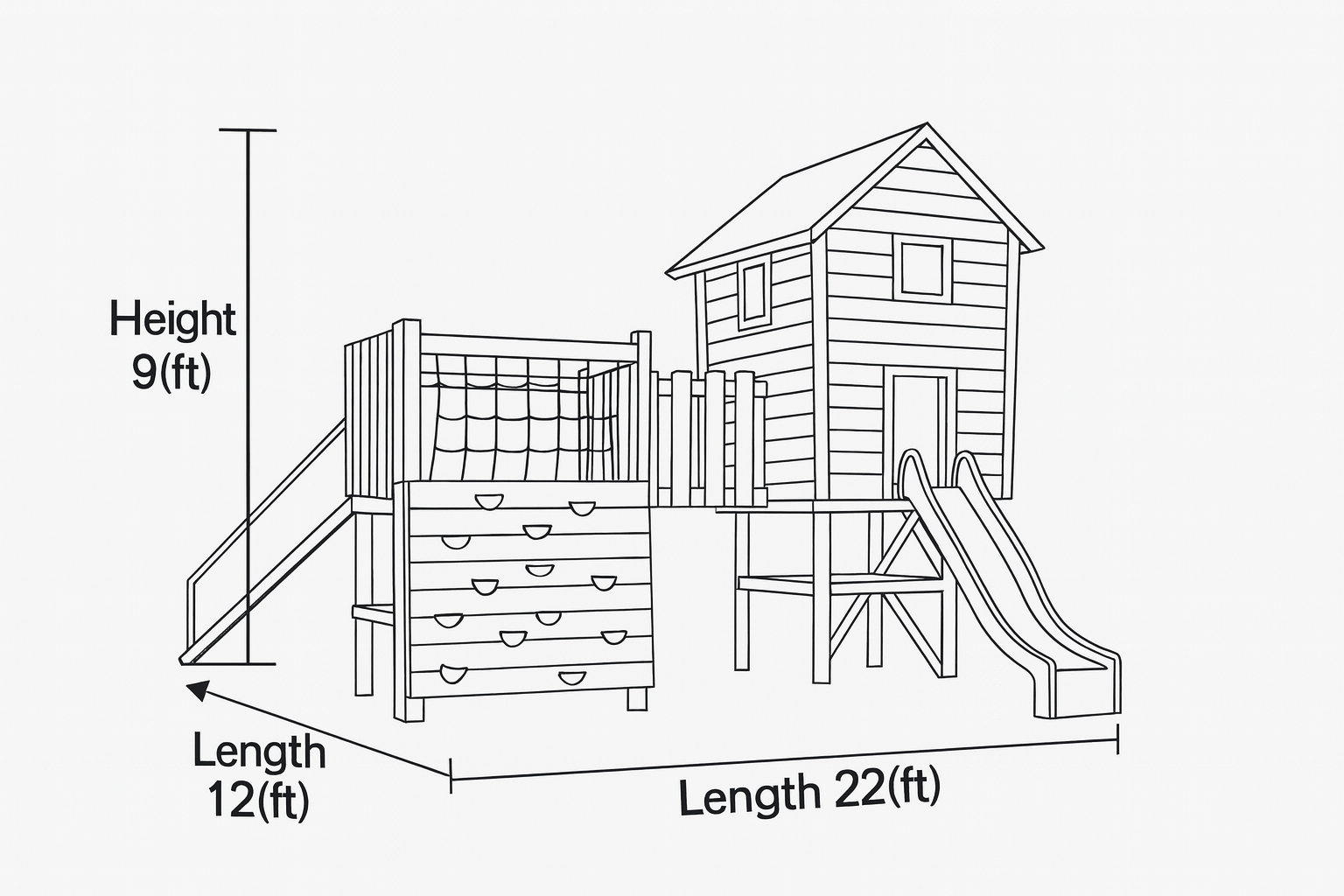Wooden Playhouse with Dual Slides & Climbing Wall | 22x12x9 ft Backyard Playground