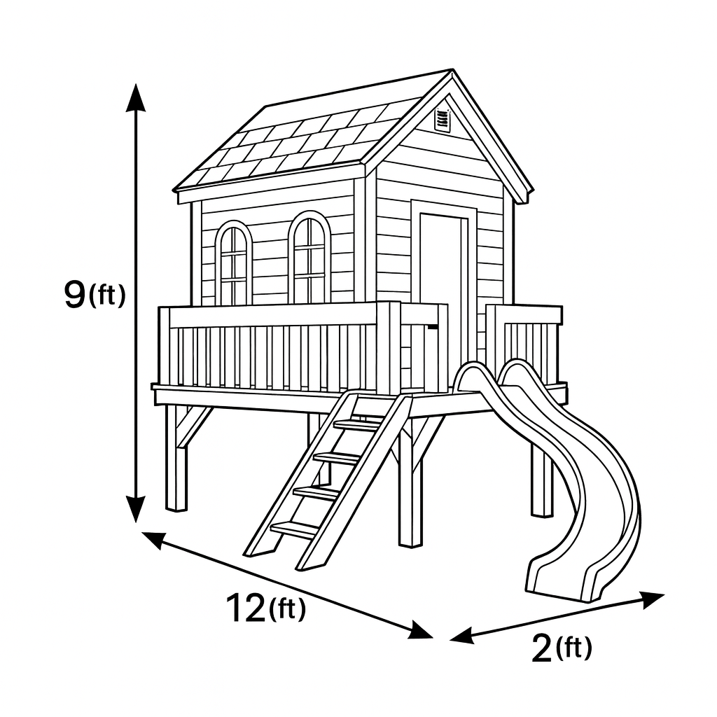 Compact Wooden Kids Playhouse with Slide | 12x2x9 ft Outdoor Backyard Playground