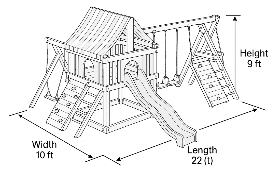 Wooden Outdoor Playhouse with Slide, Double Swings & Climbing Net – Backyard Adventure Set | 22x10x9 ft