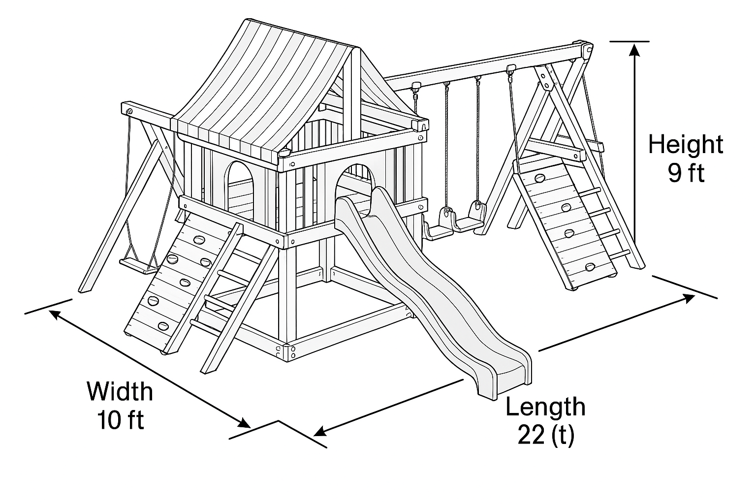 Wooden Outdoor Playhouse with Slide, Double Swings & Climbing Net – Backyard Adventure Set | 22x10x9 ft