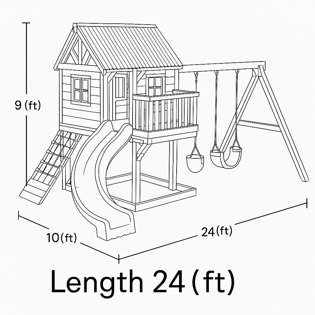 Wooden Outdoor Playhouse with Curved Slide, Double Swing & Climbing Net – Backyard Adventure Set | 24x10x9 ft