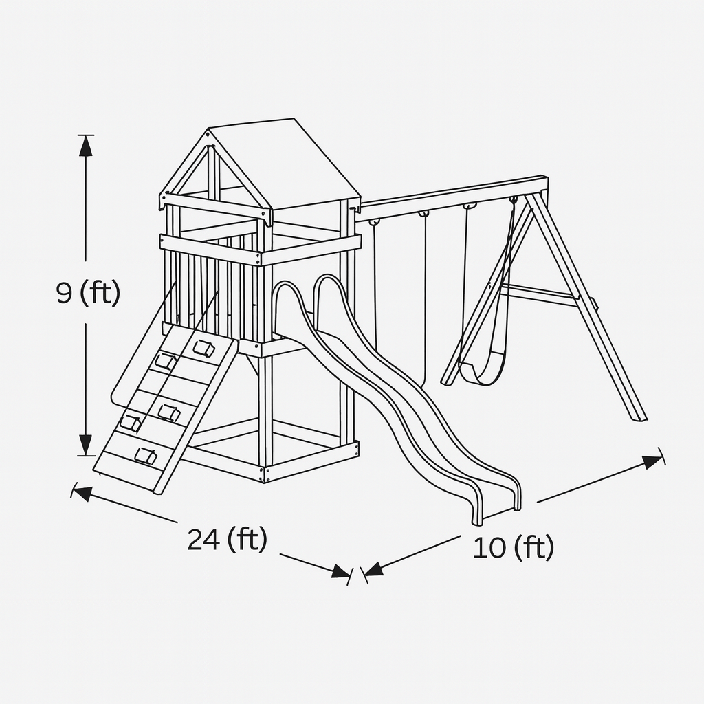 Backyard Wooden Playset with Double Slide, Rock Climbing Wall & Swings – Sturdy Outdoor Playground for Kids | 24x10x9 ft