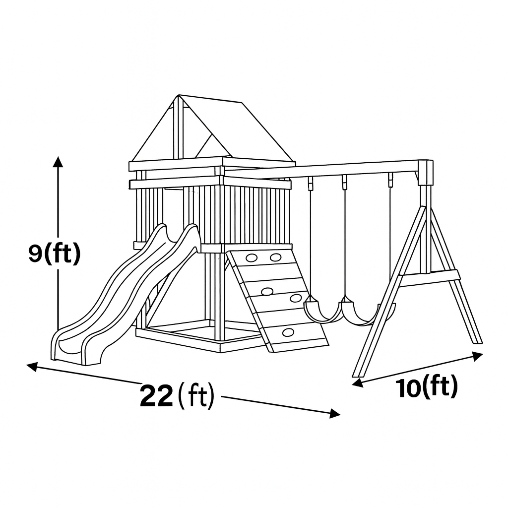 Outdoor Wooden Playset with Double Swings, Green Wave Slide & Climbing Wall | 22ft x 10ft x 9ft Backyard Adventure Set