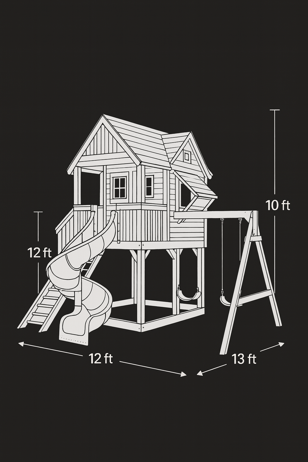 Two-Story Wooden Playhouse with Spiral Tube Slide & Swings | Outdoor Kids Backyard Playground