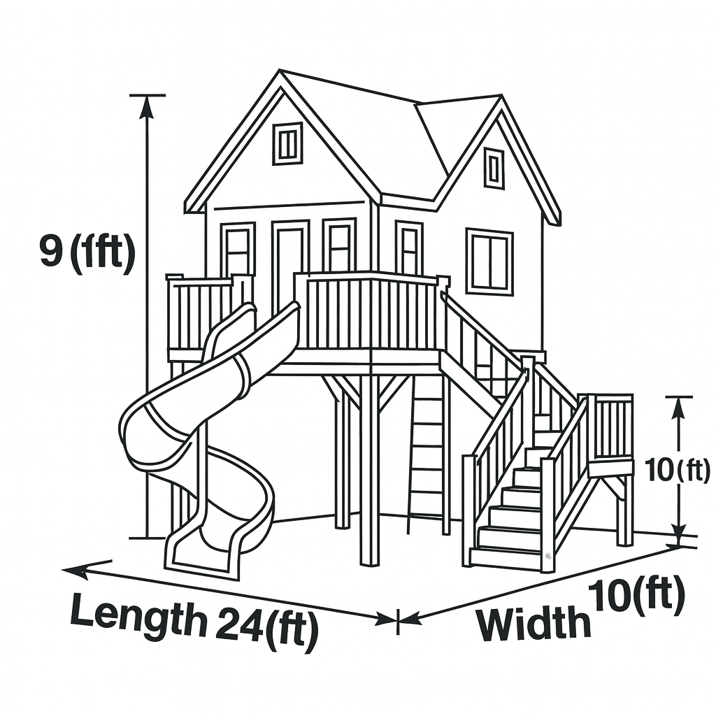 Deluxe Wooden Playhouse with Spiral Blue Slide, Double Staircase & Balcony – Outdoor Kids Playset 24x10 ft | Backyard Adventure