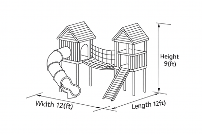 Wooden Twin Tower Playhouse with Rope Bridge & Slide | Outdoor Playground for Kids Backyard Adventure
