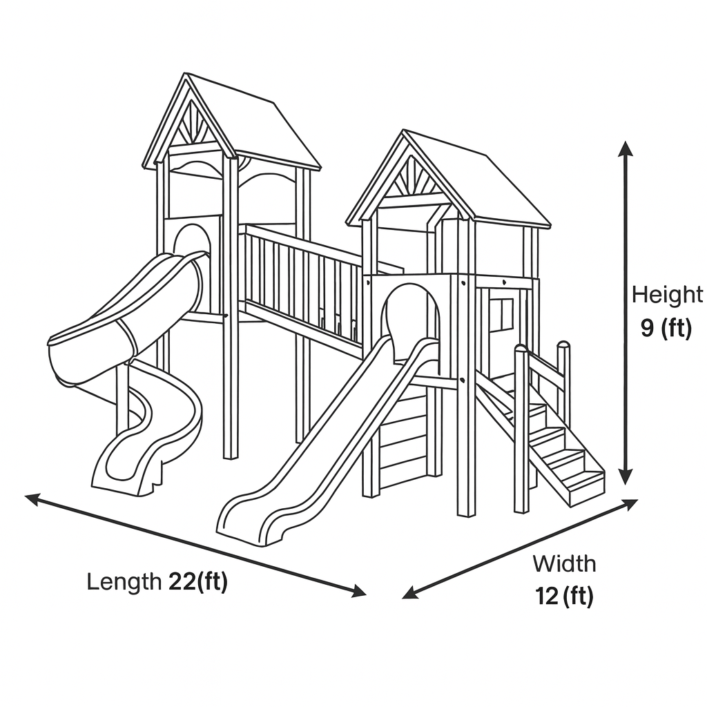 Twin Tower Wooden Playhouse with Slides & Bridge | Outdoor Kids Playground for Backyard Adventure