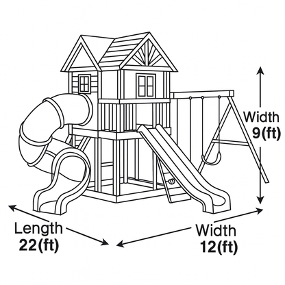 Wooden Outdoor Playhouse with Spiral & Straight Slides, Swings | Large 22x12x9 ft Kids Playground