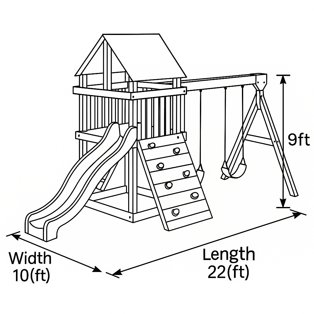 Backyard Wooden Playset with Double Swing, Rock Climbing Wall, Green Slide & Canopy Roof – Outdoor Adventure Playground, 22x10x9ft